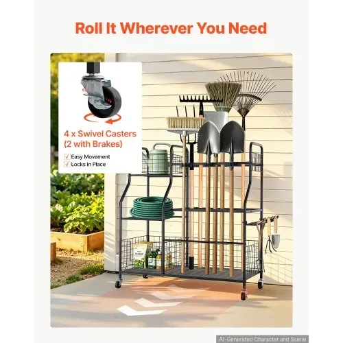 VEVOR Gartengeräte Ständer 1050x435x1005mm Gerätehalter mit Rollen Schwarz, Aufbewahrungsregal für Garage Schuppen Garten, Stahl-Organizer für Besen, mit 3 Ablagefächern Haken & Doppelschichtschlitzen – Bild 3