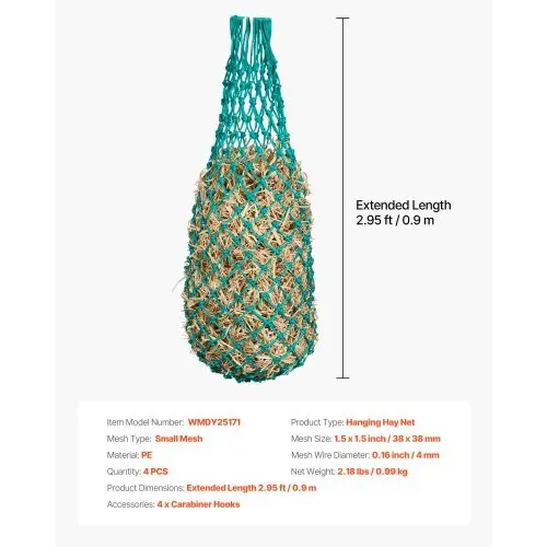 VEVOR Heunetze, 4er-Pack, 0,9 m Ausziehlänge, 38x38 mm Maschenweite, Heusack PE-Material, mit vier Karabinerhaken, zum langsamen Aufhängen & Fressen von Heu für Pferde, Schafe, Rinder, Alpakas usw. – Bild 6
