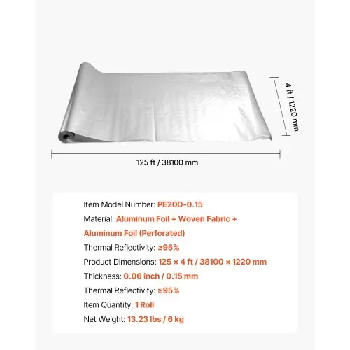 VEVOR Isolierfolie, Reflexionsfolie aus perforiertem Gewebe, 0,15 mm, 122 cm x 38,1 m, doppelseitiger Wärmeschutz aus Aluminiumfolie, Wärmedämmrolle für Fenster und Wohnmobildächer – Bild 6