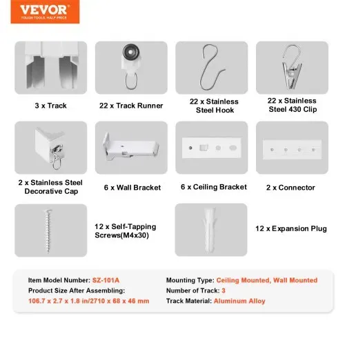 VEVOR Schiebe-Deckenvorhangschienensystem Set 2,7 m Raumteiler-Gardinenschiene Halterung zur Decken-/Wandmontage für Wohnzimmer Schlafzimmer mit Haken & Hardware & 3 Schienen, weiß 2710 x 68 x 46 mm – Bild 6