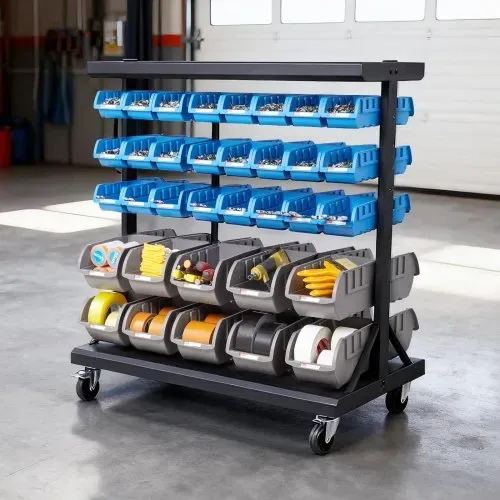 VEVOR Fahrregal mit Stapelboxen Set, Mobiles Lagerregal mit 5 Ebenen & 68 Sortimentskästen für Kleinteile in zwei Größen, 900x500x950 mm, doppelseitig, für Werkstatt, Garage, Lager & Büro – Bild 7
