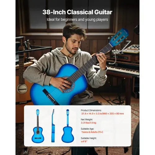 VEVOR Konzertgitarre, 960 mm, Holz-Klassikgitarren-Starter-Set für Anfänger, mit Nylonsaiten, Gigbag, Gurt, Stimmgerät, zusätzlichen Saiten, Plektren, Kapodaster, Linde, für Einsteiger, Blau – Bild 5