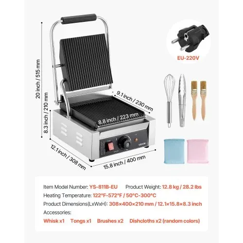 VEVOR kommerzieller Panini-Grill Kontaktgrill 1800 W für Sandwiches Steak Bacon Hamburger, Sandwichmaker Pressgrill aus Edelstahl mit Griff & Temperaturregelung & 22 x 23 cm Heizplatte, Paninipresse – Bild 6
