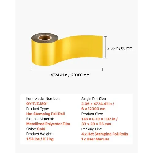 VEVOR Heißprägefolie 6 cm x 120 m Extra lange Goldfolienrolle Meterware, Kompatibel mit der VEVOR Stanz- & Prägemaschine für Beheiztes Leder, Satte Farben, Feine Textur, für Papier Holz & Kunststoff – Bild 6