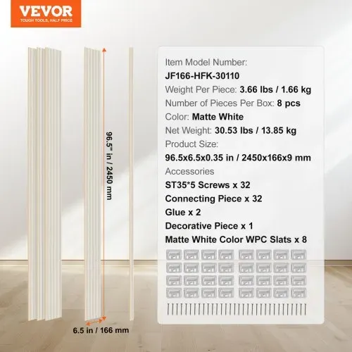 VEVOR Akustikpaneele, 8er-Set, Akustikplatten, 2450 x 166 x 9 mm, WPC-Akzent-Holzwandpaneele für moderne Innenwände, Kunstholz-Wandplatten für stilvolles Dekor & Geräuschreduzierung, Mattweiß – Bild 6