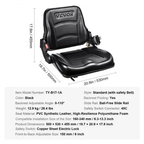 VEVOR Traktorsitz 530 x 520 x 455 mm, 160–340 mm Schleppersitz, Universal Traktorsitz, Traktorsitz Schleppersitz, Gabelstapler PVC 12,9 kg für die meisten mechanischen Sitze wie Gabelstapler – Bild 6