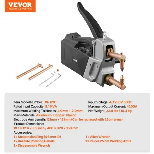 VEVOR Tragbares Punktschweißgerät, 4 mm dicker Punktschweißer mit 8,1 kVA Eingangsleistung, 4200 A elektrisches Metallblechschweißgerät mit handgeführter Schweißpistole – Bild 6