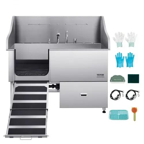 VEVOR 304 Edelstahl-Hundewaschstation, 154,9 cm große Pflegebadewanne mit rutschfester, flacher Rampe, Schublade, Warm- und Kaltwasserhahn, All-in-One-Badewanne für Pflegesalons, für alle Größen geeignet (linke Tür) – Bild 8