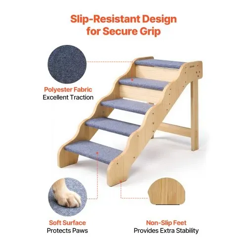 VEVOR Hundetreppe 910x430x630 mm, 5-stufige Hautiertreppe, Holztreppe geeignet für kleine, mittlere, große, ältere Haustiere sowie Welpen bis 68 kg, Hundeleiter für Betten, Sofas & Autos – Bild 3