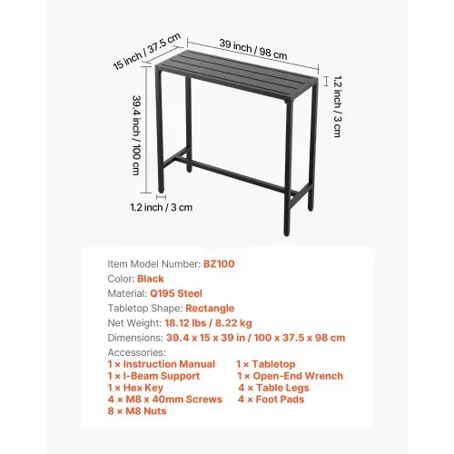 VEVOR Bartisch, 1000 x 375 x 980 mm, Bistrotisch, Stehtisch mit Metallgestell, rechteckige Esstische, Küchentisch, Tresentisch, Partytisch, Gartenmöbel für Balkon, Garten, Poolrand – Bild 6