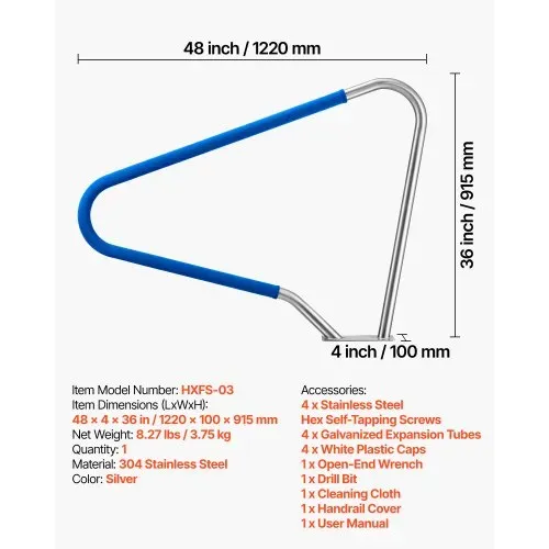 VEVOR Schwimmbad Handlauf, 1220x100x915mm, Tragfähigkeit 100kg, Pool Haltegriff aus Edelstahl 304, abnehmbare rutschfeste Hülle, umfangreiches Zubehör, für Poolbereiche, Wasserparks & Spa-Zentren – Bild 6