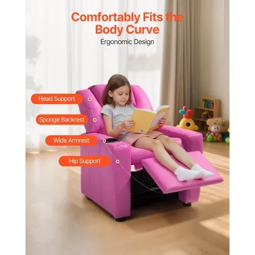 VEVOR Liegestuhl Kindersessel mit Getränkehaltern, 101° bis 121° verstellbare Rückenlehne, Liegecouch aus PU-Leder mit Fußstütze, für Jungen Mädchen Kinder (Rosa) 41 kg belastbarer Relaxsessel – Bild 4