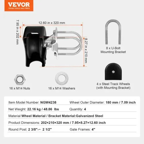 VEVOR Schiebetor-Set, Rolltor-Hardware-Set mit U-förmiger Radnut für freitragende Schiebetore und Rolltüren, Schiebetorrollen 4-Schienen-Räder mit Abdeckung, Hochleistungs-Gleitrolle, Schwarz – Bild 6