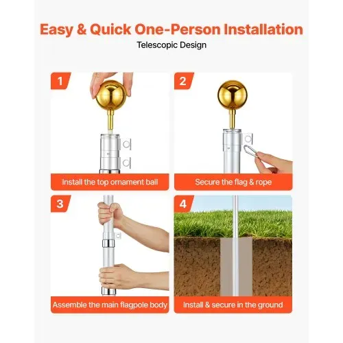 VEVOR Teleskop Fahnenmast 6 m, Flaggenmast-Set für den Außenbereich, Extra Dicke Aluminium-Fahnenstange mit PVC-Bodenhülse, Ideal für Garten, Private & Gewerbliche Nutzung, Silber – Bild 4
