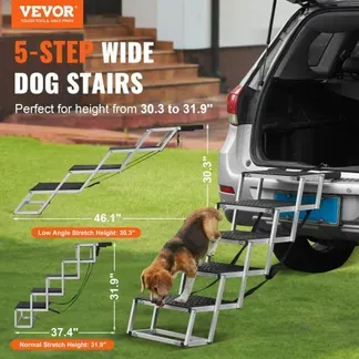 VEVOR Hundetreppe für Autos, breite 5-stufige Hundeautotreppe, zusammenklappbare Hundeautorampe mit rutschfester Oberfläche, tragbare Haustiertreppe aus leichtem Aluminium für Auto, SUV und LKW, trägt bis zu 68 kg VEVOR Hundetreppe für Autos, breite 5-stufige Hundeautotreppe, zusammenklappbare Hundeautorampe mit rutschfester Oberfläche, tragbare Haustiertreppe aus leichtem Aluminium für Auto, SUV und LKW, trägt bis zu 68 kg