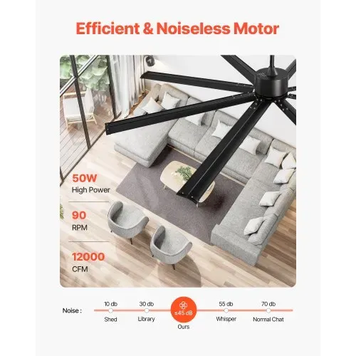 VEVOR 213 cm Deckenventilator ohne Beleuchtung, 6-Gang-Fernbedienung, 8 Flügel aus Alu, umkehrbarer Gleichstrommotor, Ventilator für Schlafzimmer, Wohnzimmer, Terrasse, Innen-/Außenbereich, schwarz – Bild 2