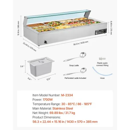 VEVOR kommerzieller Speisenwärmer (12 x 1/3 Größe Behälter), 1,7 kW elektrischer Wärmebehälter aus Edelstahl mit Glasabdeckung & Suppenkelle, Chafing Dishes für Catering Restaurant Party – Bild 6