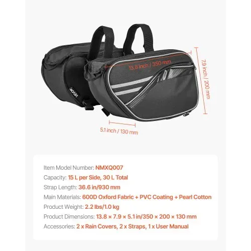 VEVOR Motorrad-Satteltasche, 15 L x 2 große Kapazität, Seitensatteltasche mit wasserfester Regenhülle & Gurten, kompatibel mit den meisten Motorrädern, Gepäckaufbewahrungstasche Motorradgepäck – Bild 6