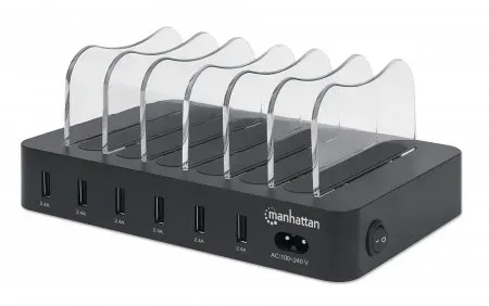 Manhattan 6-Port USB-Ladestation, Sechs USB-A-Ports, bis zu 2,4 A/5 V pro Port, 50 W Ausgangsleistung gesamt, schwarz Manhattan 6-Port USB-Ladestation, Sechs USB-A-Ports, bis zu 2,4 A/5 V pro Port, 50 W Ausgangsleistung gesamt, schwarz
