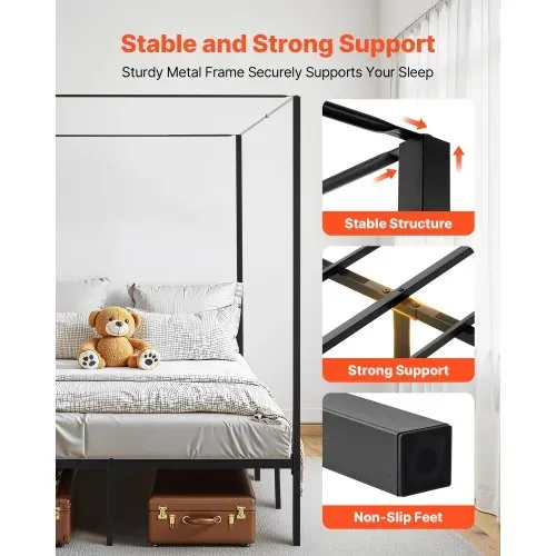 VEVOR Himmelbettrahmen (Full Size), Metallhimmelbett mit Himmelbett-Design (363 kg belastbar), robuste Stahllattenstütze (Quadrat), Stauraum unter dem Bett, kein Boxspring erforderlich, Schwarz – Bild 2