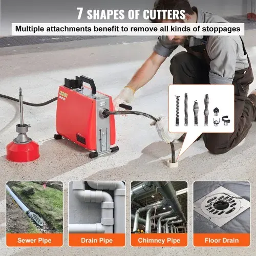 VEVOR Rohrreinigungsmaschine, 66 Fuß x 5/8 Zoll, 250 W elektrische Rohrreinigungsmaschine mit manueller Zuführung – mit 7 Schneidern, 2 Stahlkabeln (66' x 5/8" und 15' x 3/8") und CW/CCW-Steuerung für 1,6" bis 4" Rohre – Bild 3