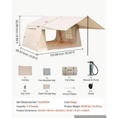VEVOR Aufblasbares Zelt Luftzelt 3-5 Personen mit Pumpe & Sonnendach Beige, für Outdoor-Aktivität Wasserabweisendes 420D Oxford-Gewebe mit Dachfenster Ofenrohrdurchführung & Netzfenster Windstabil – Bild 6