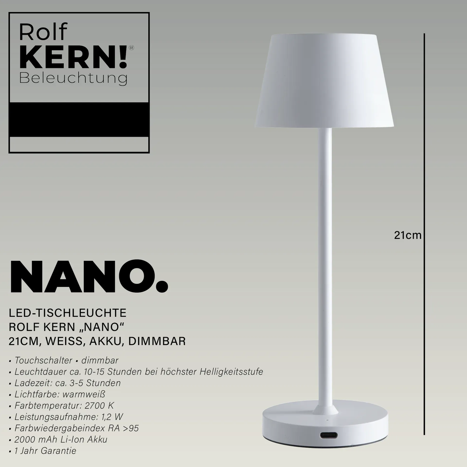 LED-Tischleuchte ROLF KERN Club Nano 21cm, weiß, Akku, dimmbar – Bild 2