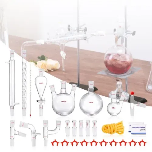 VEVOR Labor-Destillationsset, 3,3-Boro-Laborglas-Destillationsset mit 24- und 40-Verbindungen, 1000-ml-Destillationsgeräte-Set für Ätherische Öle, 29-teiliges Set mit Glaswaren – Bild 7