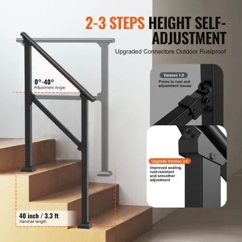 VEVOR Handläufe für Außentreppen, 2–3-stufiges Treppenhandlauf-Set, Übergangsgeländer aus Karbonstahl mit Montagesatz, Treppengeländer für Senioren, Betonstufen & Veranda & Deck, schwarzes Vierkantrohr – Bild 2