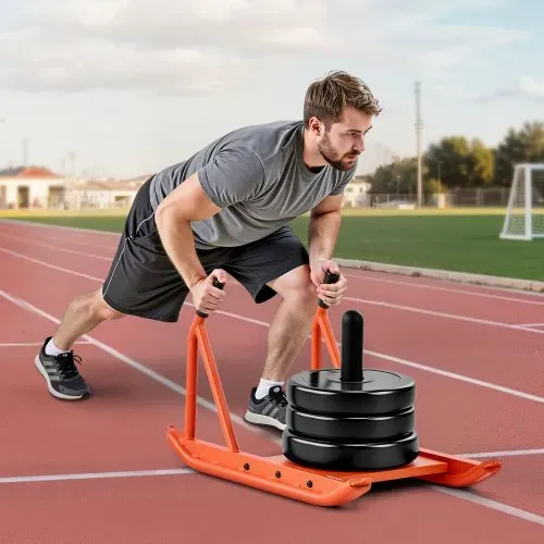 VEVOR Gewichtsschlitten Kraftschlitten Krafttrainingsschlitten zur Verbesserung der Geschwindigkeit bei sportlichen Übungen, Fitnessgerät mit Griff, kompatibel mit 25/51 mm Gewichtsscheiben Orange – Bild 7