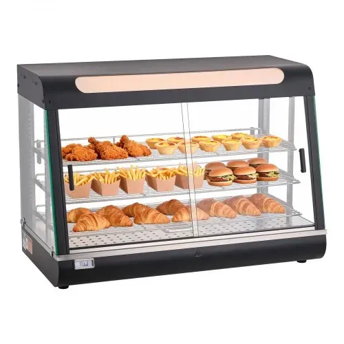 VEVOR 3-stöckige Wärmetheke 130 L, Warmhaltevitrine 1400 W, Warmhaltetheke 30–85 °C, Speisenwärmer mit LED-Beleuchtung & Verstellbaren Ablagen, Speisevitrine für Hamburger Pizza Brot Brathähnchen – Bild 10