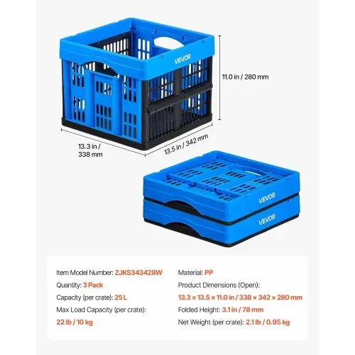 VEVOR Klappbox 25 L 3er-Pack, Faltbare Aufbewahrungsboxen aus Kunststoff, Stapelbare Klappkörbe mit Griffen, Tragkraft 10 kg pro Box, Klappkiste, Ideal für Haushaltsorganisation, Blau & Schwarz – Bild 6