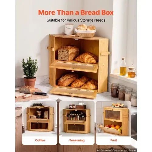 VEVOR Eck-Brotkasten 2 Ebenen Acrylfenster Brotbox 35x35x42 cm Bambusholz Ideal für Bagels, Muffins & Selbstgebackenes Brot, mit Magnetverschluss, Seitenhaken & Belüftungslöchern, Brotkiste Küche – Bild 4