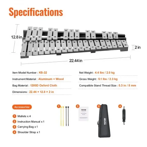 VEVOR Glockenspiel-Xylophon-Set mit 32 Tönen, Schlaginstrument mit Schlägeln, Trommelstöcken und Tragetasche, professionelles Glockenspiel-Xylophon-Schlaginstrumentenset für Erwachsene und Schüler – Bild 6