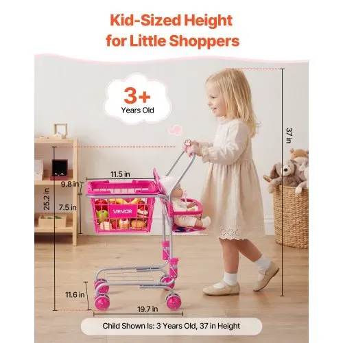 VEVOR Einkaufswagen für Kinder, Einkaufswagen Supermarkt Spielzeug mit Klappsitz für Puppen Stahlrahmen & Rollen, Faltbares Kaufladenzubehör mit Puppen-Spielzeug, Kaufmannsladen Spiele für Kinder ab 3 – Bild 4