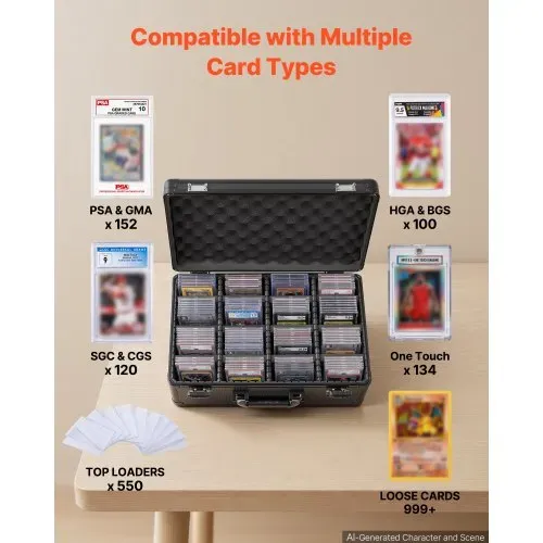 VEVOR Kartenaufbewahrungsbox für 152 PSA-Slab-Karten, Schwarze Kartenbox für 120 SGC, 100 BGS, 550 Toploader oder über 999 Lose Karten, mit 4 Reihen, 12 Trennfächern & TSA-zugelassenem Schloss – Bild 2