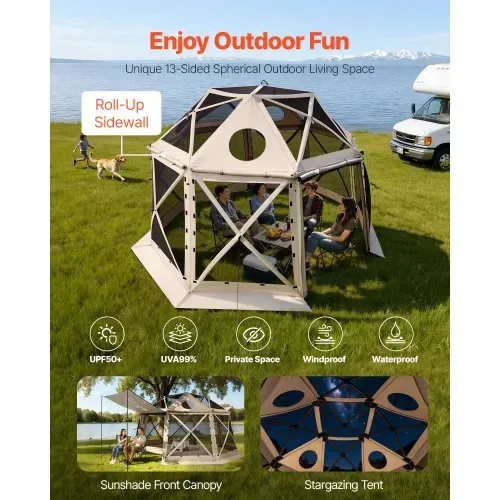 VEVOR Pop-up-Pavillon 3,6 x 3,6 m, 13-seitiges, kugelförmiges Campingzelt mit abnehmbarem Dach & Tragetasche, 360°-Belüftung Sonnenschutz, Partyzelt für 8–10 Personen, Beige – Bild 2