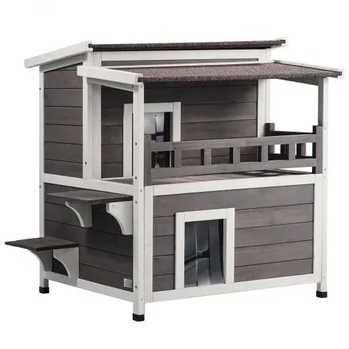 VEVOR Katzenhaus für draußen, wetterfest, Unterschlupf für Wildkatzen für mehrere Katzen, großes 2-stöckiges Katzenhaus aus Holz für draußen mit Balkon, Türen, PVC-Türklappen und offenem Dach, 76,2 cm L x 76,2 cm B x 81,3 cm H – Bild 9