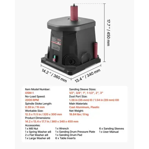 VEVOR Oszillierender Spindelschleifer, 2000 U/min Spindelschleifmaschine mit 6 Hülsen (12,7–76,2 mm), 15 mm Hub & Staubanschluss für die Möbelveredelung, Bastelschleifen, Heimwerker-Holzbearbeitung – Bild 6
