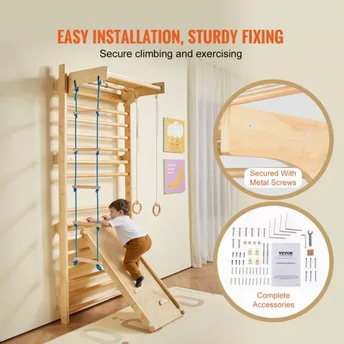 VEVOR Schwedische Leiterwand 15-stufiges Kletterspielzeug aus Holz für Indoor-Spielplätze, 100 kg Tragkraft, Schwedische Wandleiter für Kinder & Erwachsene, Sprossenwand Turnwand aus Kiefernholz – Bild 5