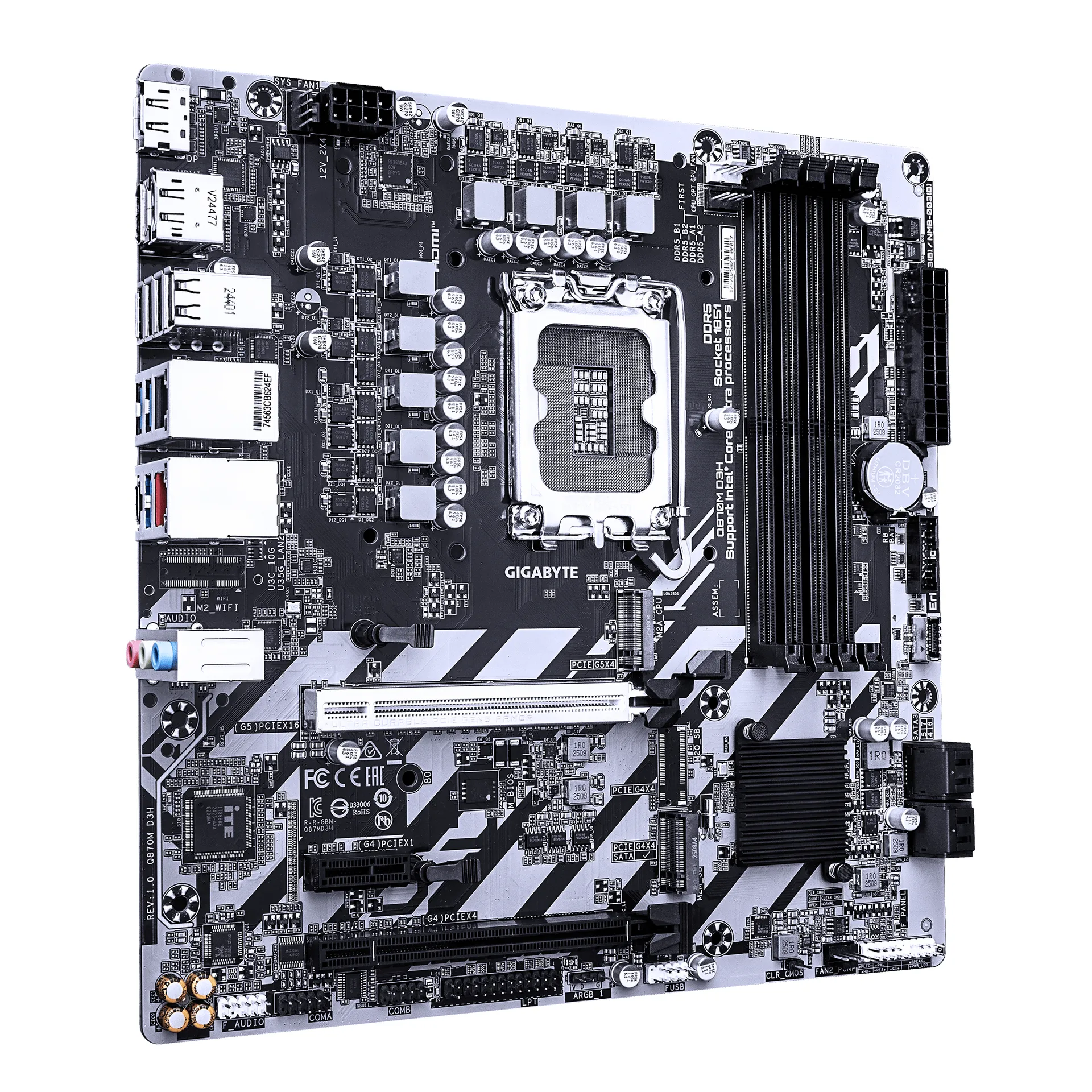 GIGABYTE Q870M D3H Mainboard – Intel Core Ultra (Serie 2) CPUs, 4+1+2-Phasen-VRM, bis zu 6400 MHz DDR5 (O.C), 2× PCIe-4.0-M.2, 2.5-GbE-LAN, USB 3.2 Gen 2 – Bild 3