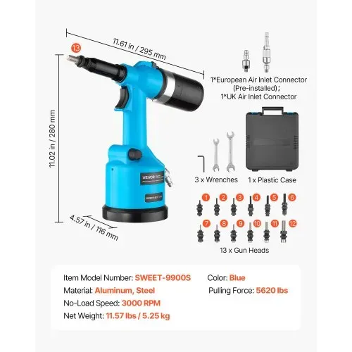 VEVOR Druckluft Nietmutternzange Set mit 6 SAE- & 7 Metrischen Kopfstück, Pneumatische Blindnietzange Set für Automobil Industrie Heimwerkerprojekte, 2,5t Zugkraft, Max. 3000 U/min, Mit Tragkiste – Bild 6