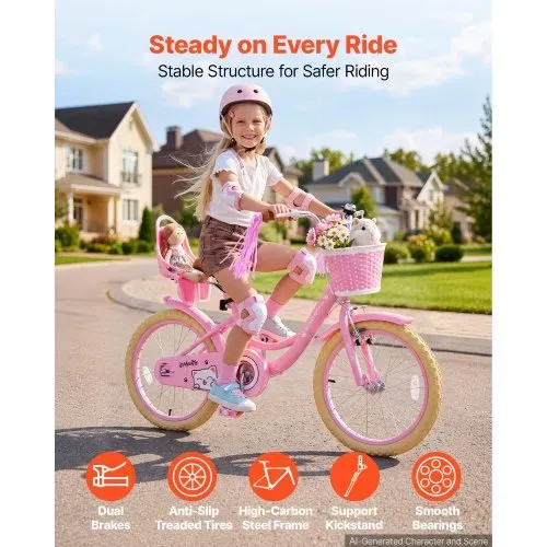 VEVOR Kinderfahrrad 18 Zoll Straßenfahrrad für 5-8 Jahre mit Ständer Rosa, Kinderrad für Mädchen, Kohlenstoffstahlrahmen, Prinzessin-Stil, Doppelbremsen, Verstellbarer Sitz, mit Puppensitz & Korb VEVOR Kinderfahrrad 18 Zoll Straßenfahrrad für 5-8 Jahre mit Ständer Rosa, Kinderrad für Mädchen, Kohlenstoffstahlrahmen, Prinzessin-Stil, Doppelbremsen, Verstellbarer Sitz, mit Puppensitz & Korb
