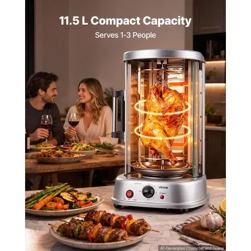 VEVOR Vertikaler Dönergrill 11,5 L 1500 W Gyrosgrill Kebab Shawarma Silber für Kleine Haushalte, 190 °C Maximaltemperatur, Timer 0–60 Minuten, Sicherheitsglastür, Tropfschale, Drehgabeln und Spieße – Bild 4