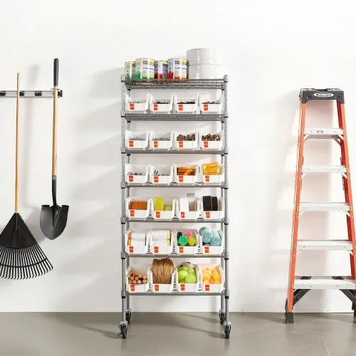 VEVOR Standregal, Lagerregal mit 7 Ebenen & 24 kleinen Stapelboxen, Bücherregal, Küchenregal mit Rollen, Werkzeugorganizer für Garage, Büro, Restaurant, Klassenzimmer, Küche, 600x350x1480mm – Bild 7