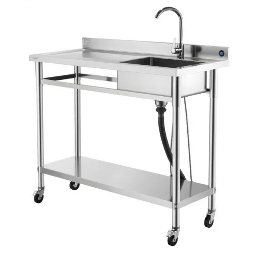 VEVOR Spültisch Spülbecken Edelstahl (1200 x 500 x 1055 mm), Einzelbecken mit Wasserhahn & Rädern, Küchenspüle für Garage Restaurant Wäscherei, Waschtisch Außenspüle mit Arbeitsplatte (links) – Bild 9