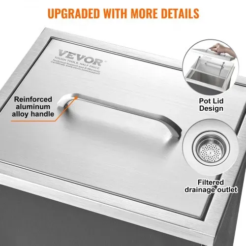 VEVOR Drop-in-Eisbox, 25,3 L Edelstahl-Eiskühler, 355 x 305 x 461 mm Kommerzieller Eisbehälter mit Abdeckung, Eingebaute Eisspeichertruhe, Abflussrohr und Ablassstopfen im Lieferumfang Enthalten – Bild 4