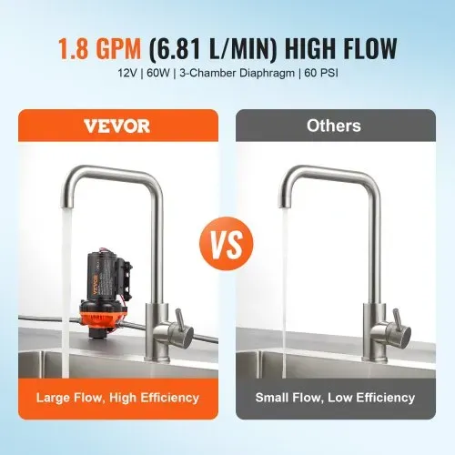 VEVOR 12-V-Membranpumpe, 6,81 L/min, 3-Kammer-DC-Wasserpumpe mit automatischem Druckschalter 40–100 PSI einstellbar, 60 PSI, 1/2 Zoll MNPT-Anschluss, für Wohnmobil, Yacht, Imbisswagen, Camper, Marine VEVOR 12-V-Membranpumpe, 6,81 L/min, 3-Kammer-DC-Wasserpumpe mit automatischem Druckschalter 40–100 PSI einstellbar, 60 PSI, 1/2 Zoll MNPT-Anschluss, für Wohnmobil, Yacht, Imbisswagen, Camper, Marine