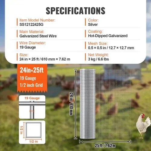 VEVOR Drahtgeflecht 610mmx7,62m Volierendraht 19 Gauge Maschendrahtzaun, Feuerverzinkte Maschendrahtrolle 12,7x12,7mm Maschenweite Maschendraht für Kaninchenkäfige Kleine Nagetiere – Bild 6