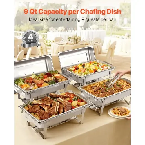 VEVOR rechteckiger Chafing Dish Set 8,5 L Speisenwärmer (4 Stk.) Buffet Warmhaltebehälter mit Griff & 2 Lebensmittelzangen & Deckel & Brennstoffhalter, geeignet für Bankett Party Hochzeit Silber – Bild 2